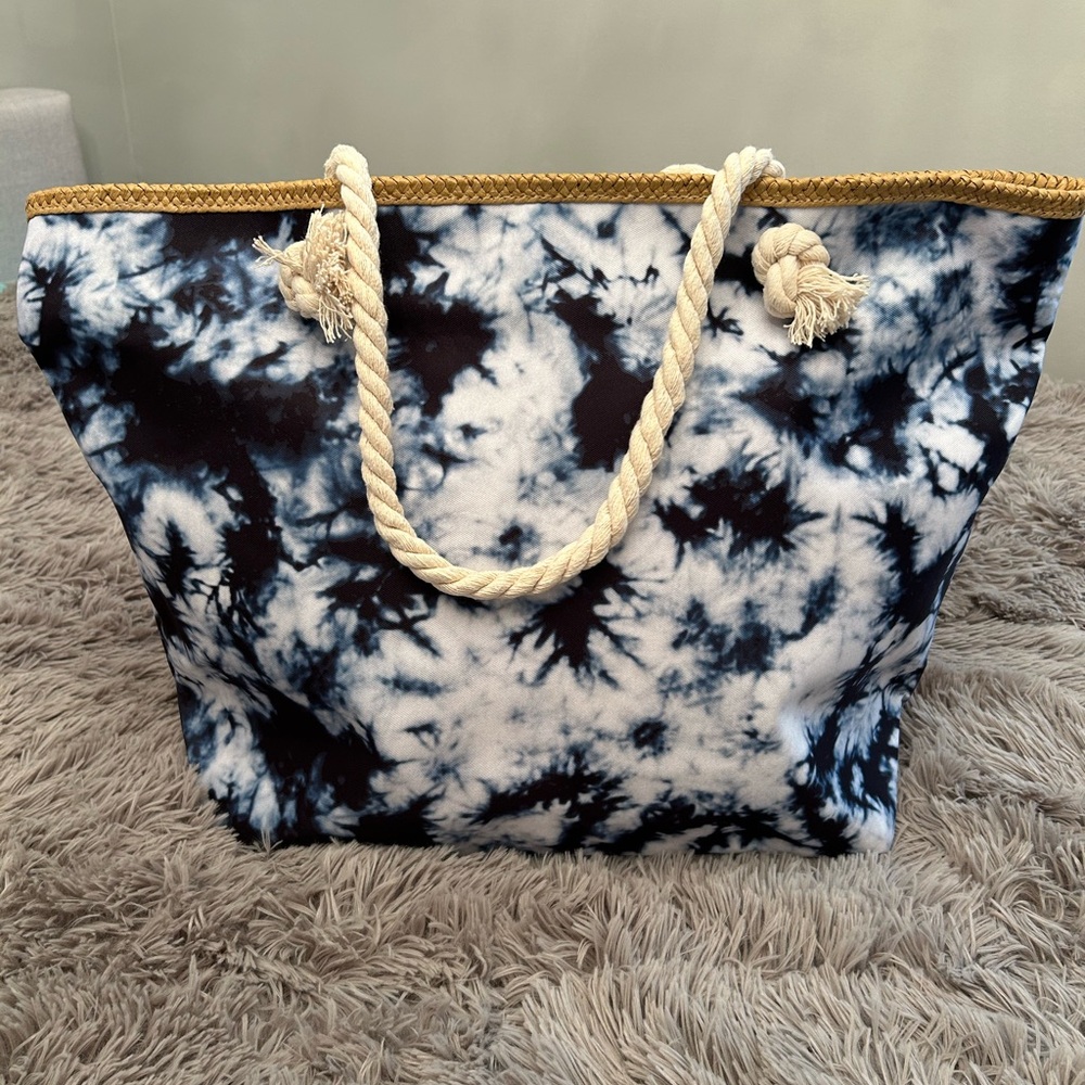 Navy Blue & White Boho Tie-Dye Tote Bag with Rope Handles